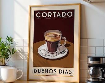 Poster Cortado Coffee, impression d'art Kitchen Coffee Bar, enseigne Coffee Bar | affiche de café vintage | Impression d'art de cuisine pour amateur de café