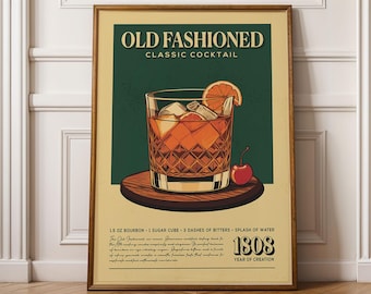 Ouderwetse cocktailafdruk, ouderwetse cocktailposter, barmuurkunst, klassieke barwagen kunstafdrukken, retroafdruk, baraccessoires, baraccessoires