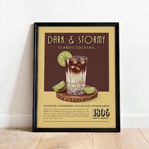Impresión de cóctel Dark N Stormy, póster de cóctel Dark and Stormy / Impresiones de carrito de bar / Póster de receta de cóctel vintage para carrito de bar en casa