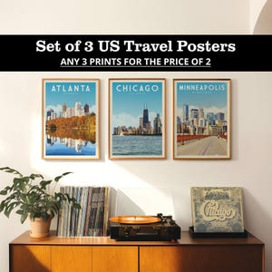 Conjunto de tres carteles de viajes de EE. UU., conjunto de tres carteles de viajes antiguos / arte de pared de viajes retro / California, Chicago, Los Ángeles, Nueva York