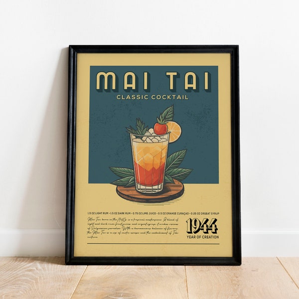 Mai Tai Cocktail Print, Mai Tai Cocktail Poster | Bar Cart Prints | Vintage Cocktail Recipe Poster for Home Bar Cart