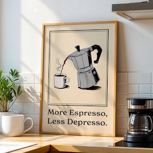 Pôster de café "Mais Espresso, Menos Depresso", Impressão de arte para cafeteria, Arte de parede para cozinha | Pôster de café vintage | Decoração de café para amantes de café