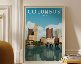 Columbus Travel Poster, Columbus Decor, Mid Century Ohio State Wall Art, Columbus Skyline Print, Columbus Digital Artwork