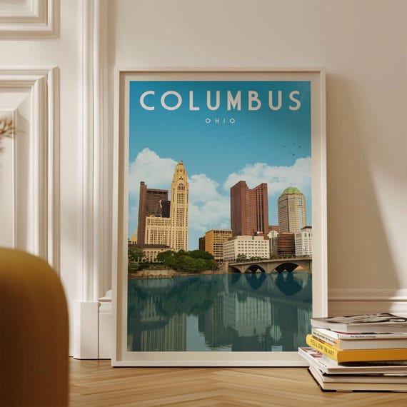 Columbus Travel Poster, Columbus Decor, Mid Century Ohio State Wall Art, Columbus Skyline Print, Columbus Digital Artwork
