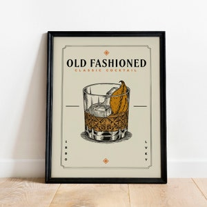 Old Fashioned Cocktail Print, Altmodisches Cocktail Poster | Barwagen Drucke | Vintage Cocktail Poster Wandkunst für Home Bar Warenkorb Dekor