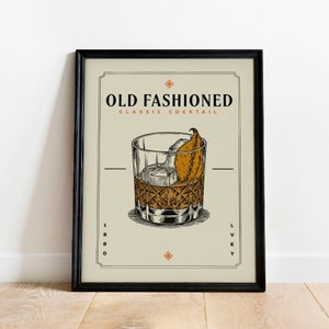 Old Fashioned Cocktail Print, Old Fashioned Cocktail Poster | Bar Cart Prints | Vintage Cocktail Poster Wall Art for Home Bar Cart Decor