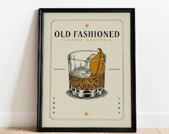 Old Fashioned Cocktail Print, Old Fashioned Cocktail Poster | Bar Cart Prints | Vintage Cocktail Poster Wall Art for Home Bar Cart Decor