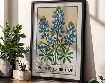 Flower Market Bluebonnet Print, Retro Texas Flower Art | Flower Market Print | Vintage Boho Botanical Poster, Mid Century Texas Floral Art