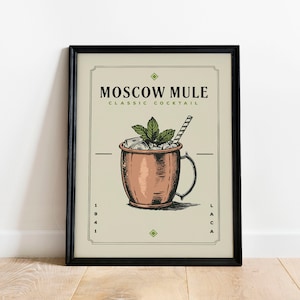 Impresión de cóctel Moscow Mule, póster de cóctel Moscow Mule / impresiones de carrito de bar / póster de cóctel vintage, arte de pared para decoración de carrito de bar en el hogar