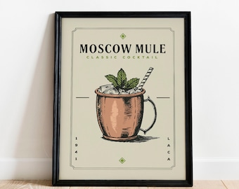 Moscow Mule Cocktail Print, Moscow Mule Cocktail Poster | Bar Cart Prints | Vintage Cocktail Poster Wall Art for Home Bar Cart Decor