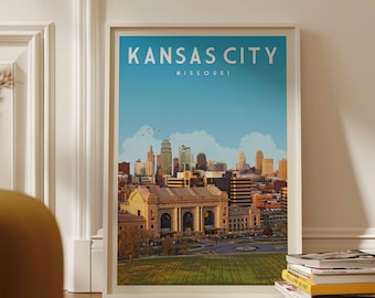 Arte mural vintage de Kansas City, lámina artística de Kansas City, póster de viaje, decoración de Kansas City, póster del horizonte de Kansas City, regalos de Kansas City, Missouri