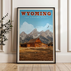 Wyoming Travel Poster, Vintage Wyoming Print, Wyoming Wall Art, Yellowstone, Grand Teton National Park, Mountain Wall Art, Wyoming Gift