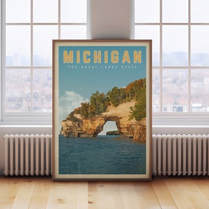 Michigan Art, Michigan Travel Poster, Michigan State Print, Lake Michigan Wall Art, Michigan Gift, Detroit Michigan Lighthouse Decor