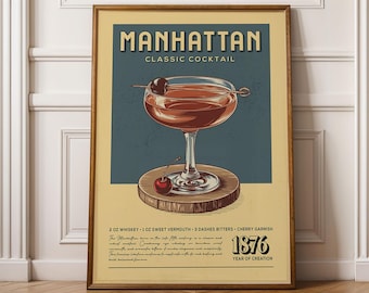 Manhattan Cocktail Print, Manhattan Cocktail Poster, Bar Wall Art, Classic Bar Cart Art Prints, Retro Cocktail Print, Bar Accessories