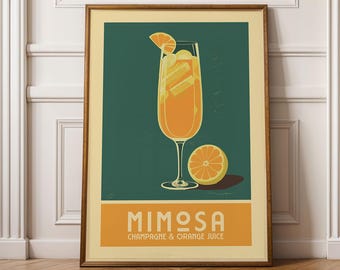 Mimosa Cocktail Print, Mimosa Cocktail Poster, Brunch Bar Wall Art, Bar Cart Art Prints, Retro Cocktail Print, Bar Accessories