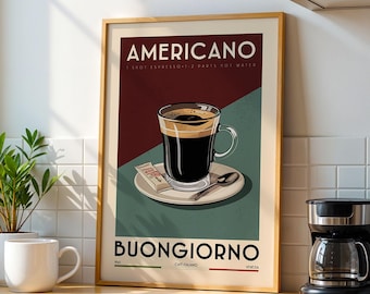 Americano-kaffeposter, konsttryck för kökskaffebar, skylt för kaffebar | Vintage kaffeposter | Kaffebardekor för kaffeälskare