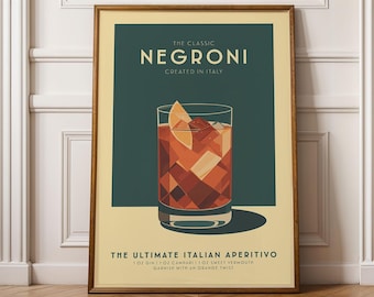 Lámina de cóctel Negroni, póster de cóctel Negroni, decoración de pared para bar, láminas para carrito de bar, lámina de cóctel retro, accesorios de bar