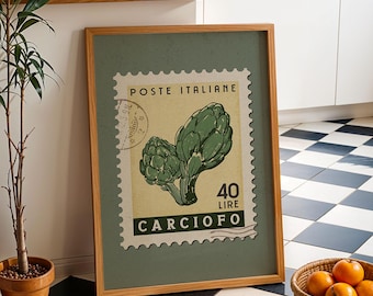 Artichoke Poster, Retro Stamp Poster | Retro Kitchen Print | Italian Food Art Print, Trendy Kitchen Decor, Unique Food Gift