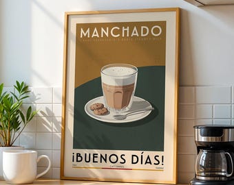 Manchado Coffee Poster, Kitchen Coffee Bar Art Print, Coffee Bar Sign | Vintage Coffee Poster | Coffee Bar Decor for Coffee Lover