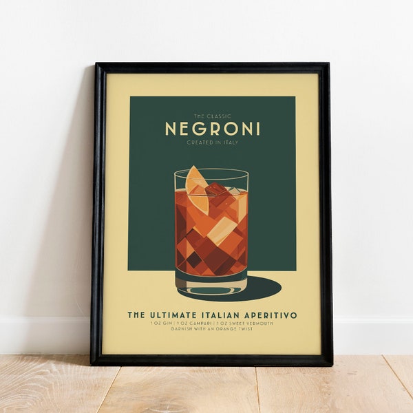Negroni Cocktail Print, Negroni Cocktail Poster, Bar Wall Art, Bar Cart Art Prints, Retro Cocktail Print, Bar Accessories