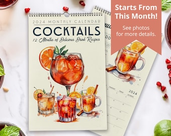 2024 Cocktail Recipe Wall Calendar, Vintage Alcohol Calendar | 2024 Wall Calendar | Monthly Calendar Planner for Bar Cart Gift