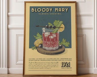 Affiche Cocktail Bloody Mary, Poster Cocktail Bloody Mary | Impressions de chariot de bar | Accessoires de bar à cocktails vintage pour la maison, chariot de bar