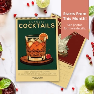 2024 Cocktail Art Wall Calendar, Vintage Alcohol Calendar | 2024 Wall Calendar | Retro Bar Cart Art Prints Calendar for Home Bar Accessories