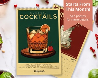 2024 Cocktail Art Wall Calendar, Vintage Alcohol Calendar | 2024 Wall Calendar | Retro Bar Cart Art Prints Calendar for Home Bar Accessories