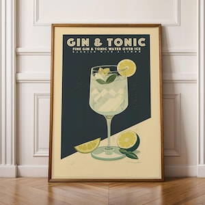 Gin and Tonic Cocktail Print, Gin and Tonic Cocktail Poster, Bar Wall Art, Classic Bar Cart Art Prints, Retro Bar Cart Accessories