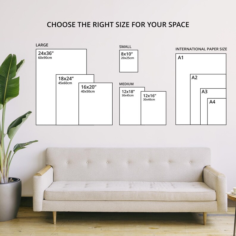 a wall with a variety of paper sizes, including large, small, medium, and international paper sizes, arranged in a grid-like pattern.