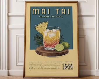 Mai Tai Cocktail Print, Mai Tai Cocktail Poster | Bar Cart Prints | Vintage Cocktail Recipe Poster for Home Bar Cart