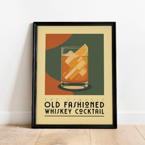 Old Fashioned Cocktail Poster, Retro Old Fashioned Cocktail Print | Bar Cart Prints | Vintage Cocktail Art Bar Accessories for Home Bar Cart