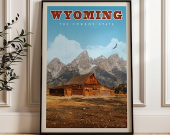 Wyoming Travel Poster, Vintage Wyoming Print, Wyoming Wall Art, Yellowstone, Grand Teton National Park, Mountain Wall Art, Wyoming Gift