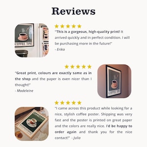 three reviews of a coffee-themed poster, each with a different rating and description. The reviews praise the poster for its high-quality print, stylish design, and excellent paper quality. The reviews also mention that the poster is available for purchase and that the colors are visually appealing.