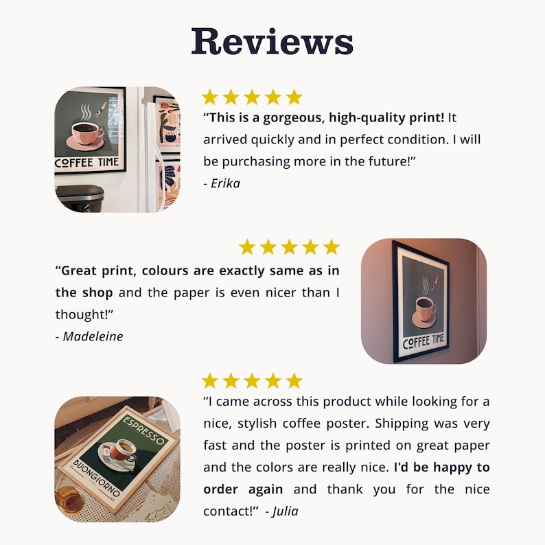 three reviews of a coffee-themed poster, each with a different rating and description. The reviews praise the poster for its high-quality print, stylish design, and excellent paper quality. The reviews also mention that the poster is available for purchase and that the colors are visually appealing.