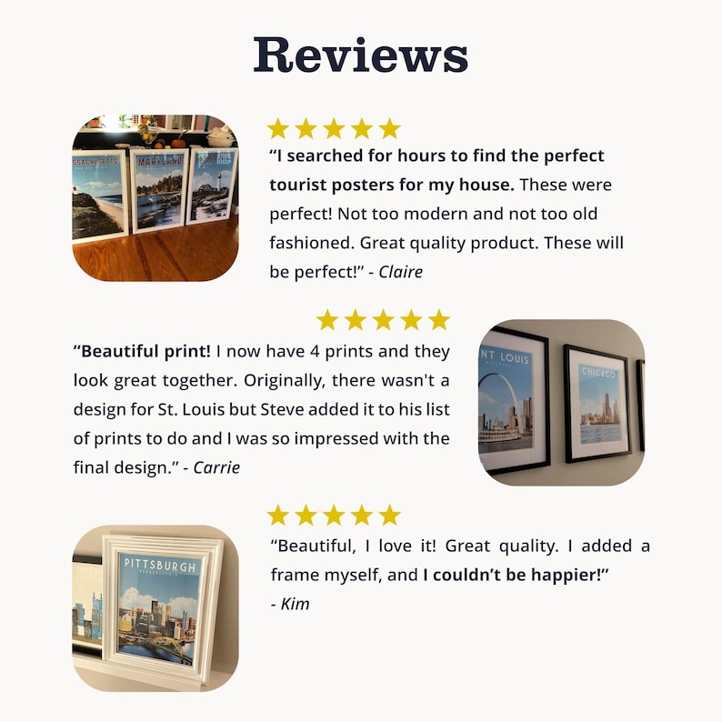 The image is a collage of three images featuring posters of St. Louis, with positive reviews from people who have purchased and used the posters.