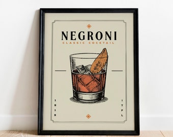 Negroni Cocktail Print, Negroni Cocktail Poster, Negroni Wall Art | Bar Cart Prints | Vintage Cocktail Wall Art for Home Bar Cart Decor