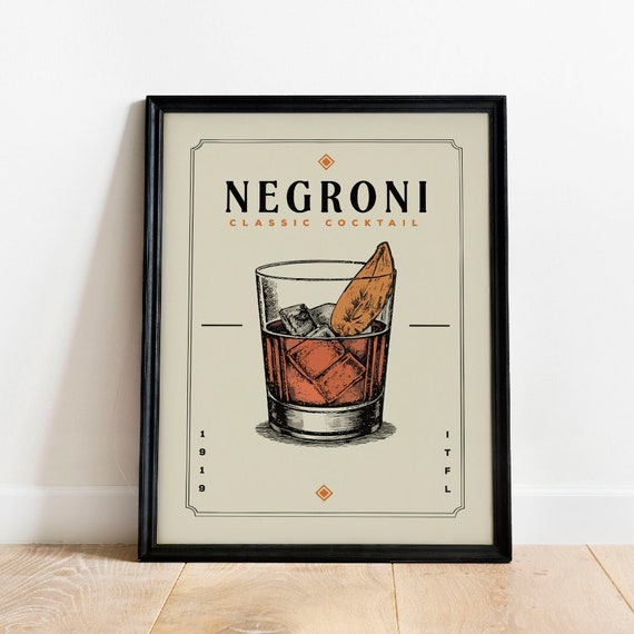 Negroni Cocktail Print, Negroni Cocktail Poster, Negroni Wall Art | Bar Cart Prints | Vintage Cocktail Wall Art for Home Bar Cart Decor
