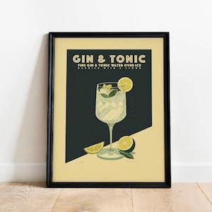 Gin and Tonic Cocktail Print, Gin and Tonic Cocktail Poster, Bar Wall Art, Classic Bar Cart Art Prints, Retro Bar Cart Accessories