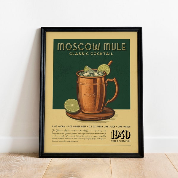 Moskauer Mule Cocktail Druck, Cocktail Poster, Bar Wandkunst, Klassischer Barwagen Kunstdruck, Retro Cocktail Druck, Bar Zubehör