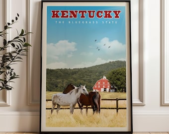Kentucky State Travel Poster, Kentucky Art, Kentucky Gift, Kentucky Print, Kentucky Wall Decor, Kentucky Derby, Kentucky Horses