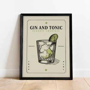 Gin and Tonic Cocktail Print, Gin and Tonic Cocktail Poster | Bar Cart Prints | Vintage Cocktail Poster Wall Art for Home Bar Cart Decor