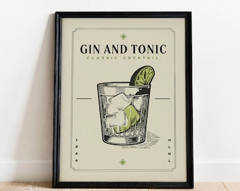 Gin and Tonic Cocktail Print, Gin and Tonic Cocktail Poster | Bar Cart Prints | Vintage Cocktail Poster Wall Art for Home Bar Cart Decor