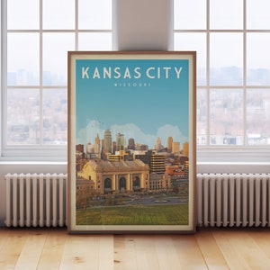Arte de pared vintage de Kansas City, póster de viaje con impresión artística de Kansas City, decoración de Kansas City, póster del horizonte de Kansas City, regalos de Kansas City Missouri