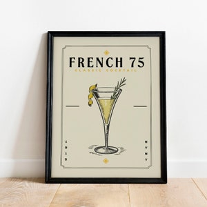 French 75 Cocktail Print, French 75 Cocktail Poster | Bar Cart Prints | Vintage Cocktail Poster Wall Art for Home Bar Cart Decor