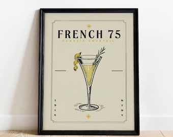 French 75 Cocktail Print, French 75 Cocktail Poster | Bar Cart Prints | Vintage Cocktail Poster Wall Art for Home Bar Cart Decor