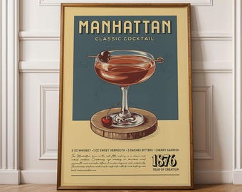 Manhattan Cocktail Print, Manhattan Cocktail Poster, Bar Wall Art, Classic Bar Cart Art Prints, Retro Cocktail Print, Bar Accessories