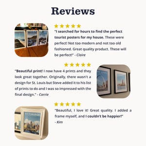 The image is a collage of three images featuring posters of St. Louis, with positive reviews from people who have purchased and used the posters.
