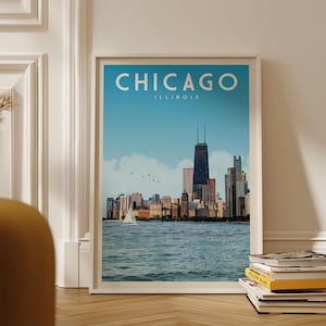 Chicago Skyline Travel Poster Wall Art Print, Chicago Illinois Vintage Housewarming Reiscadeau, Retro Chicago Neighborhood Home Decor