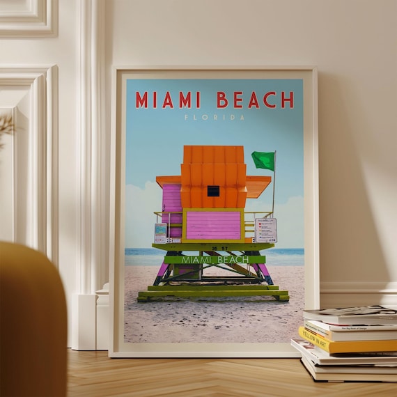 Miami Beach Poster, Miami Wall Art, Miami Poster, Vintage Miami, Florida Art Print, Miami Art Deco Lifeguard Tower, Retro Prints Miami Beach